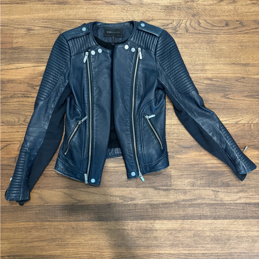 BCBGMaxAzria Dark Blue Leather Jacket size XS